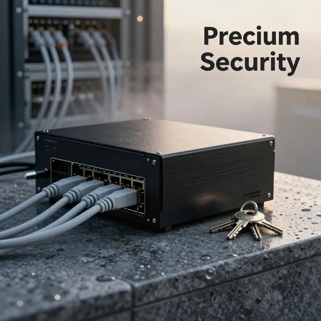 Matte-black security appliance with fibre leads and keys on a damp stone plinth at first light.
