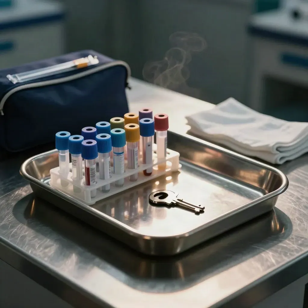Stainless tray with sample tubes, sealed pouch, and folded cloth in dramatic dark still life