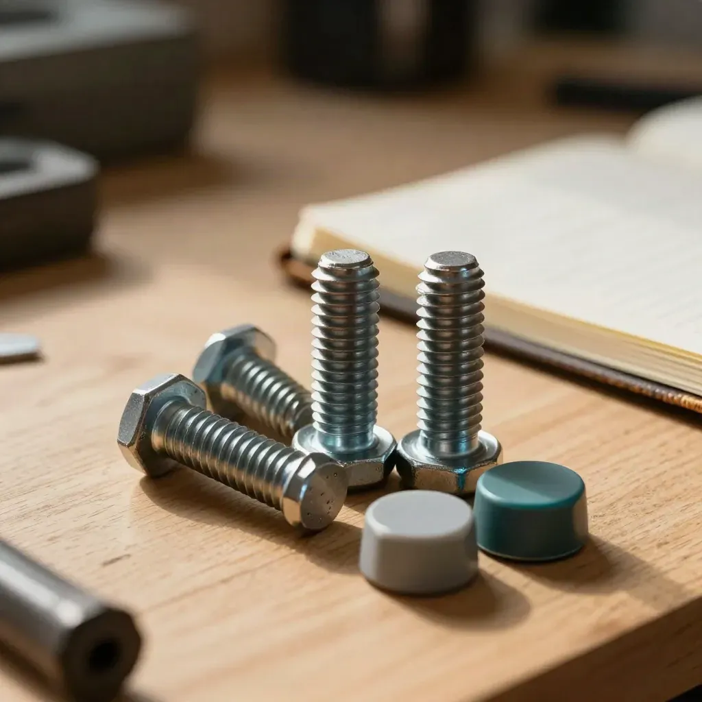 Machined bolts, quality seals and a closed inspection notebook on pale wood in warm teal-accent light