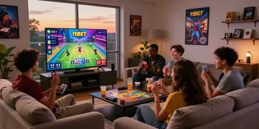 Friends enjoying a multiplayer game session using the 11Bet app in a cozy living room, creating a fun gaming atmosphere.