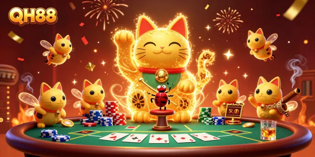 Experience luck with QH88 as golden fireflies form a lively casino scene.