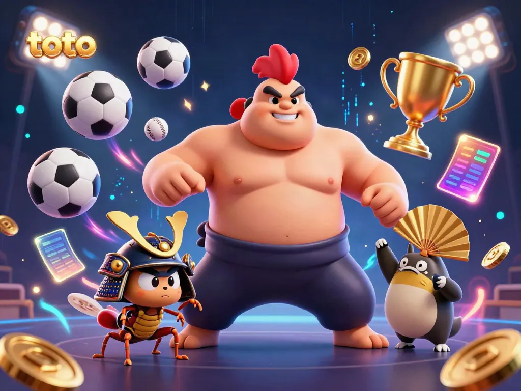 Engaging scene with a sumo wrestler rooster, samurai cricket, and a tanuki announcer in a dynamic betting environment for toto