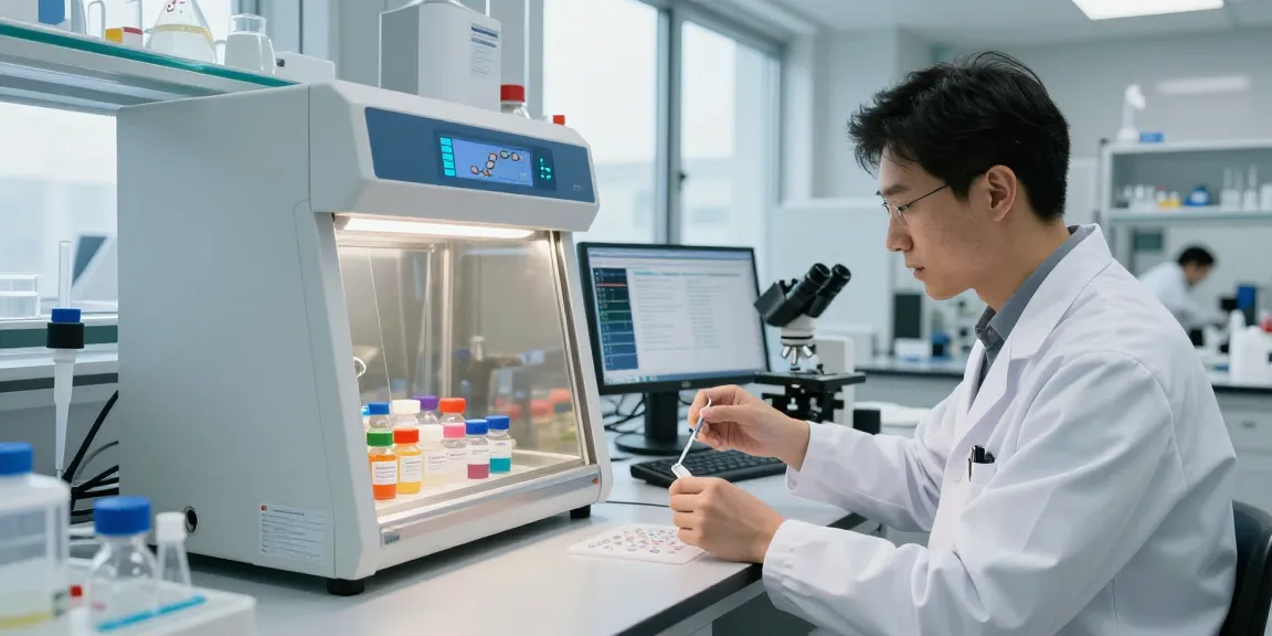 Research peptide marketplace laboratory scene with a scientist analyzing samples and advanced equipment