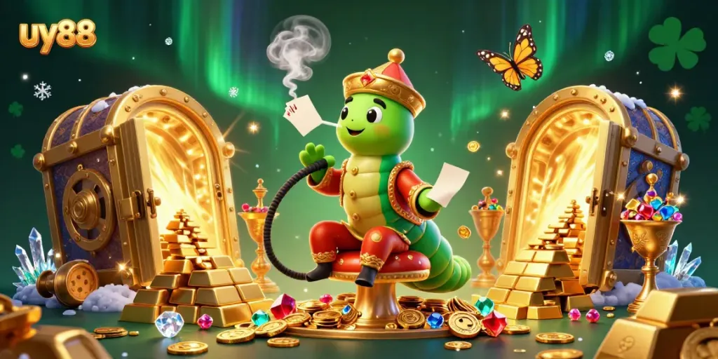 Engage with uy88's casino experience featuring vibrant 3D elements of the caterpillar master and shimmering treasures.