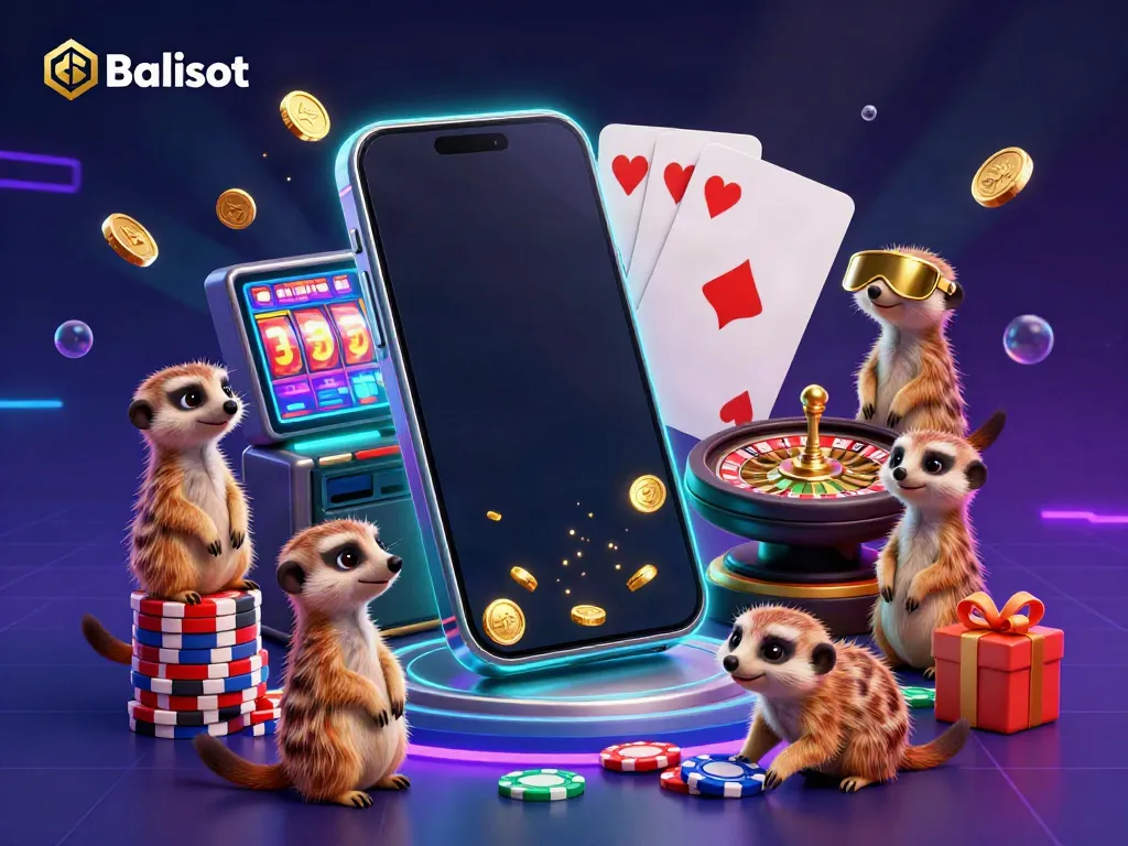 Experience thrilling casino fun with Balislot's meerkat characters running the show, surrounded by vibrant games and rich details.