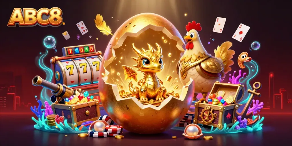 ABC8 showcases a golden baby dragon amidst dynamic gambling elements including slot reels and poker chips.