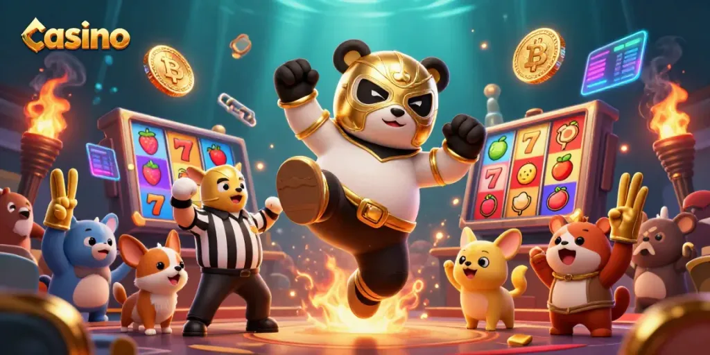 Engaging casino scene with a lucha libre panda and animated animal spectators celebrating a jackpot win.